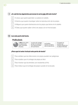¿A cuál de las siguientes personas le sería más útil este texto?
9
A Jesús, que quiere aprender a cuidarse el cabello.
A Karina, que quiere investigar sobre la reproducción de los piojos.
A Miguel, que quiere deshacerse de los piojos que tiene en el cabello.
A Dalia, que quiere saber cómo ver piojos con el microscopio.
a
b
c
d
Lee esta parte del texto.
10
a
b
c
d
Para señalar que las infecciones con piojos pueden ser peligrosas.
Para resaltar que el contagio de piojos es fácil.
Para mostrar que las liendres son resistentes al frío.
Para indicar que el contagio de piojos sucede en la escuela.
¿Para qué el autor incluyó esta parte de texto?
1
2
3
5 mm
Huevo seco
Crecimiento en el cabello
Pediculosis
Mide de
2 a 4 mm.
1
La hembra pone los
huevos en el nacimiento
de los cabellos y luego
los incuba.
Liendre
2
El crecimiento natural del
cabello hace que, a los diez
días, las liendres se encuentren
a 5 mm del cuero cabelludo.
3
Cuando las liendres están por
encima de los 5 mm se
encuentran vacías porque
los piojos están en proceso
de convertirse en adultos.
Piojo
agarrado
al cabello
Piojo saliendo
de una liendre
Sus extremidades
terminan en garras
que le permiten
agarrarse al cabello
con fuerza.
Los picos de contagio
se dan en la estación
fría, hasta principios
de la primavera.
El 80% de los niños
en edad escolar
están infectados
de piojos.
Las liendres
resisten las bajas y
altas temperaturas.
El traspaso se
produce por
contacto directo con
la cabeza infectada.
3
p
a
d
e
n
i
n
f
a
E
t
a
p
a
d
2
En sus 3
estadíos
ninfales
10
1.° grado de secundaria
 