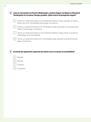 Juan se encuentra en Puerto Maldonado y quiere llegar a la Reserva Nacional
Tambopata en el menor tiempo posible. ¿Qué ruta le aconsejarías seguir?
4
Tomar un automóvil hasta la comunidad de Infierno; luego, navegar en bote a
motor por el río Tambopata hasta llegar a la reserva.
Tomar un automóvil hasta el río Tambopata; luego, atravesar la comunidad de
Infierno hasta llegar a la reserva.
Tomar un automóvil hasta la comunidad de Infierno; luego, tomar una lancha
hasta llegar al río Tambopata.
Tomar un automóvil hasta el río Tambopata; luego, abordar una lancha hasta
llegar a la reserva.
a
b
c
d
¿Cuál de las siguientes especies de árbol crece en zonas no inundables?
5
Aguajal.
Bambú.
Castaña.
Guayaquil.
a
b
c
d
6
1.° grado de secundaria
 