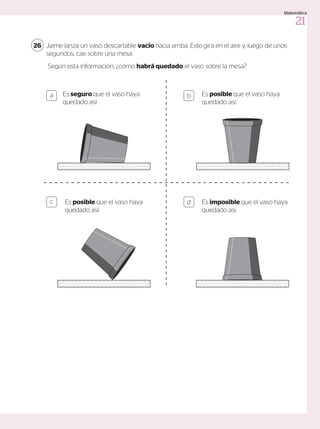 Jaime lanza un vaso descartable vacío hacia arriba. Este gira en el aire y, luego de unos
segundos, cae sobre una mesa.
Según esta información, ¿cómo habrá quedado el vaso sobre la mesa?
26
a
c
b
d
Es seguro que el vaso haya
quedado así:
Es posible que el vaso haya
quedado así:
Es posible que el vaso haya
quedado así:
Es imposible que el vaso haya
quedado así:
21
Matemática
 