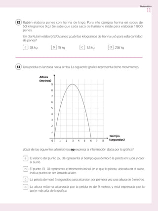 Rubén elabora panes con harina de trigo. Para ello compra harina en sacos de
50 kilogramos (kg). Se sabe que cada saco de harina le rinde para elaborar 1 900
panes.
Un día Rubén elaboró 570 panes, ¿cuántos kilogramos de harina usó para esta cantidad
de panes?
¿Cuál de las siguientes alternativas no expresa la información dada por la gráfica?
12
Una pelota es lanzada hacia arriba. La siguiente gráfica representa dicho movimiento.
13
38 kg 3,3 kg
15 kg 21,6 kg
a c
b d
0 1 2 3 4 5 6 7 8
9
8
7
6
5
4
3
2
1
Altura
(metros)
Tiempo
(segundos)
El valor 6 del punto (6 ; 0) representa el tiempo que demoró la pelota en subir y caer
al suelo.
El punto (0 ; 0) representa el momento inicial en el que la pelota, ubicada en el suelo,
está a punto de ser lanzada al aire.
La pelota demoró 5 segundos para alcanzar por primera vez una altura de 5 metros.
La altura máxima alcanzada por la pelota es de 9 metros y está expresada por la
parte más alta de la gráfica.
a
c
b
d
11
Matemática
 