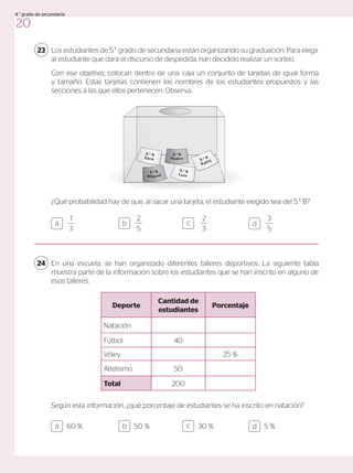 Los estudiantes de 5.° grado de secundaria están organizando su graduación. Para elegir
al estudiante que dará el discurso de despedida, han decidido realizar un sorteo.
Con ese objetivo, colocan dentro de una caja un conjunto de tarjetas de igual forma
y tamaño. Estas tarjetas contienen los nombres de los estudiantes propuestos y las
secciones a las que ellos pertenecen. Observa.
¿Qué probabilidad hay de que, al sacar una tarjeta, el estudiante elegido sea del 5.° B?
En una escuela, se han organizado diferentes talleres deportivos. La siguiente tabla
muestra parte de la información sobre los estudiantes que se han inscrito en alguno de
esos talleres.
Según esta información, ¿qué porcentaje de estudiantes se ha inscrito en natación?
23
24
a c
b d
Deporte
Cantidad de
estudiantes
Porcentaje
Natación
Fútbol 40
Vóley 25 %
Atletismo 50
Total 200
60 % 50 % 30 % 5 %
3
5
2
3
2
5
1
3
a c
b d
20
4.° grado de secundaria
 