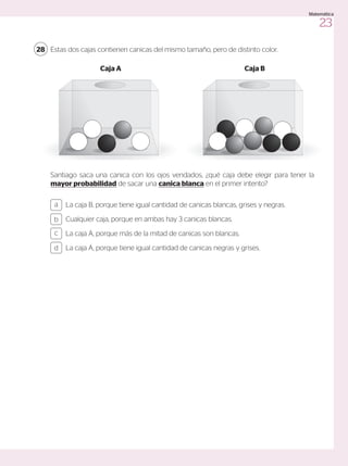 Estas dos cajas contienen canicas del mismo tamaño, pero de distinto color.
Santiago saca una canica con los ojos vendados, ¿qué caja debe elegir para tener la
mayor probabilidad de sacar una canica blanca en el primer intento?
28
Caja A Caja B
La caja B, porque tiene igual cantidad de canicas blancas, grises y negras.
Cualquier caja, porque en ambas hay 3 canicas blancas.
La caja A, porque más de la mitad de canicas son blancas.
La caja A, porque tiene igual cantidad de canicas negras y grises.
a
c
b
d
23
Matemática
 