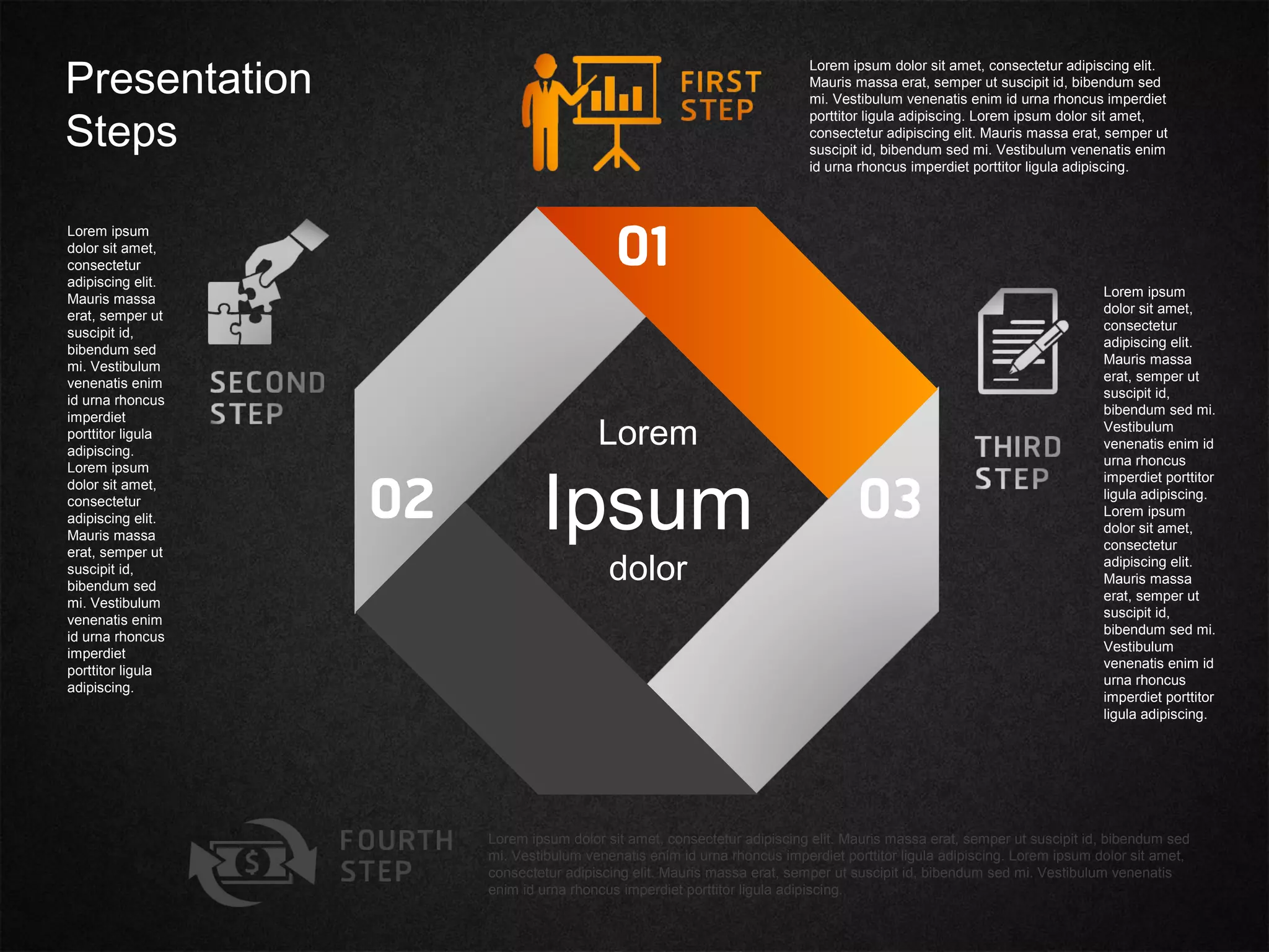 Lorem
Ipsum
dolor
Lorem ipsum dolor sit amet, consectetur adipiscing elit.
Mauris massa erat, semper ut suscipit id, bibendum sed
mi. Vestibulum venenatis enim id urna rhoncus imperdiet
porttitor ligula adipiscing. Lorem ipsum dolor sit amet,
consectetur adipiscing elit. Mauris massa erat, semper ut
suscipit id, bibendum sed mi. Vestibulum venenatis enim
id urna rhoncus imperdiet porttitor ligula adipiscing.
Lorem ipsum
dolor sit amet,
consectetur
adipiscing elit.
Mauris massa
erat, semper ut
suscipit id,
bibendum sed mi.
Vestibulum
venenatis enim id
urna rhoncus
imperdiet porttitor
ligula adipiscing.
Lorem ipsum
dolor sit amet,
consectetur
adipiscing elit.
Mauris massa
erat, semper ut
suscipit id,
bibendum sed mi.
Vestibulum
venenatis enim id
urna rhoncus
imperdiet porttitor
ligula adipiscing.
Lorem ipsum dolor sit amet, consectetur adipiscing elit. Mauris massa erat, semper ut suscipit id, bibendum sed
mi. Vestibulum venenatis enim id urna rhoncus imperdiet porttitor ligula adipiscing. Lorem ipsum dolor sit amet,
consectetur adipiscing elit. Mauris massa erat, semper ut suscipit id, bibendum sed mi. Vestibulum venenatis
enim id urna rhoncus imperdiet porttitor ligula adipiscing.
Lorem ipsum
dolor sit amet,
consectetur
adipiscing elit.
Mauris massa
erat, semper ut
suscipit id,
bibendum sed
mi. Vestibulum
venenatis enim
id urna rhoncus
imperdiet
porttitor ligula
adipiscing.
Lorem ipsum
dolor sit amet,
consectetur
adipiscing elit.
Mauris massa
erat, semper ut
suscipit id,
bibendum sed
mi. Vestibulum
venenatis enim
id urna rhoncus
imperdiet
porttitor ligula
adipiscing.
Presentation
Steps
 