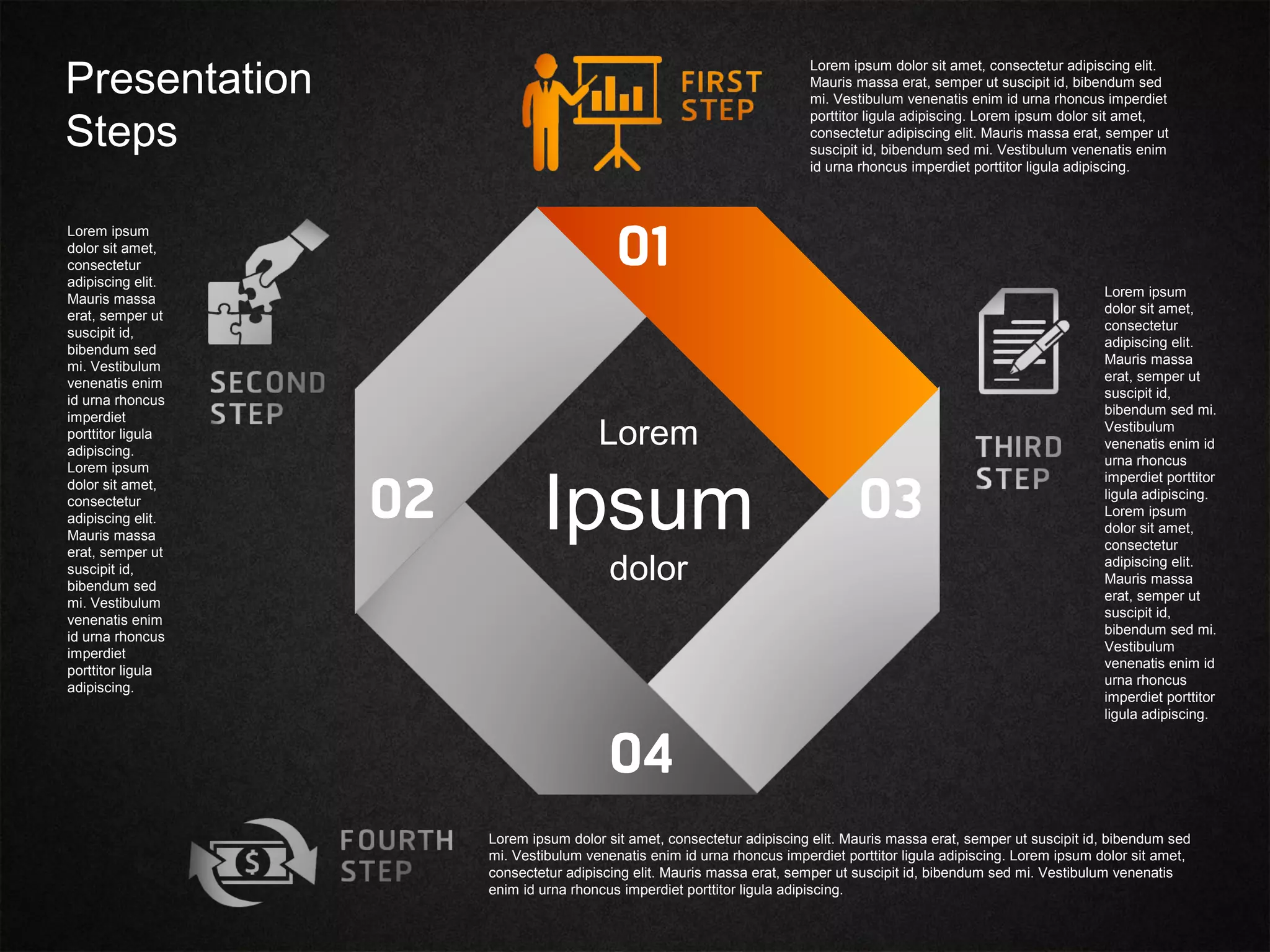 Lorem
Ipsum
dolor
Lorem ipsum dolor sit amet, consectetur adipiscing elit.
Mauris massa erat, semper ut suscipit id, bibendum sed
mi. Vestibulum venenatis enim id urna rhoncus imperdiet
porttitor ligula adipiscing. Lorem ipsum dolor sit amet,
consectetur adipiscing elit. Mauris massa erat, semper ut
suscipit id, bibendum sed mi. Vestibulum venenatis enim
id urna rhoncus imperdiet porttitor ligula adipiscing.
Lorem ipsum
dolor sit amet,
consectetur
adipiscing elit.
Mauris massa
erat, semper ut
suscipit id,
bibendum sed mi.
Vestibulum
venenatis enim id
urna rhoncus
imperdiet porttitor
ligula adipiscing.
Lorem ipsum
dolor sit amet,
consectetur
adipiscing elit.
Mauris massa
erat, semper ut
suscipit id,
bibendum sed mi.
Vestibulum
venenatis enim id
urna rhoncus
imperdiet porttitor
ligula adipiscing.
Lorem ipsum dolor sit amet, consectetur adipiscing elit. Mauris massa erat, semper ut suscipit id, bibendum sed
mi. Vestibulum venenatis enim id urna rhoncus imperdiet porttitor ligula adipiscing. Lorem ipsum dolor sit amet,
consectetur adipiscing elit. Mauris massa erat, semper ut suscipit id, bibendum sed mi. Vestibulum venenatis
enim id urna rhoncus imperdiet porttitor ligula adipiscing.
Lorem ipsum
dolor sit amet,
consectetur
adipiscing elit.
Mauris massa
erat, semper ut
suscipit id,
bibendum sed
mi. Vestibulum
venenatis enim
id urna rhoncus
imperdiet
porttitor ligula
adipiscing.
Lorem ipsum
dolor sit amet,
consectetur
adipiscing elit.
Mauris massa
erat, semper ut
suscipit id,
bibendum sed
mi. Vestibulum
venenatis enim
id urna rhoncus
imperdiet
porttitor ligula
adipiscing.
Presentation
Steps
 