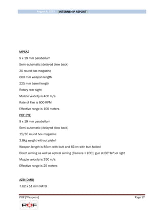 August 6, 2015 [INTERNSHIP REPORT]
POF [Weapons] Page 17
MP5A2
9 x 19 mm parabellum
Semi-automatic (delayed blow back)
30 round box magazine
680 mm weapon length
225 mm barrel length
Rotary rear sight
Muzzle velocity is 400 m/s
Rate of Fire is 800 RPM
Effective range is 100 meters
POF EYE
9 x 19 mm parabellum
Semi-automatic (delayed blow back)
15/30 round box magazine
3.8kg weight without pistol
Weapon length is 85cm with butt and 67cm with butt folded
Direct aiming as well as optical aiming (Camera + LCD); gun at 600 left or right
Muzzle velocity is 350 m/s
Effective range is 25 meters
AZB (DMR)
7.62 x 51 mm NATO
 