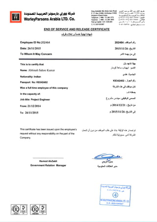 Certificate of Employement for Abhinab Sahoo WorleyParsons