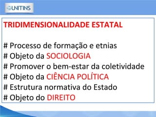 TRIDIMENSIONALIDADE ESTATAL
# Processo de formação e etnias
# Objeto da SOCIOLOGIA
# Promover o bem-estar da coletividade
# Objeto da CIÊNCIA POLÍTICA
# Estrutura normativa do Estado
# Objeto do DIREITO
 