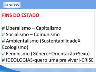 FINS DO ESTADO
# Liberalismo – Capitalismo
# Socialismo – Comunismo
# Ambientalismo (SustentabilidadeX
Ecologismo)
# Feminismo (Gênero+Orientação+Sexo)
# IDEOLOGIAS-quero uma pra viver!-CRISE
 