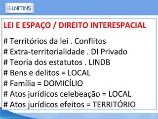 LEI E ESPAÇO / DIREITO INTERESPACIAL
# Territórios da lei . Conflitos
# Extra-territorialidade . DI Privado
# Teoria dos estatutos . LINDB
# Bens e delitos = LOCAL
# Família = DOMICÍLIO
# Atos jurídicos celebeação = LOCAL
# Atos jurídicos efeitos = TERRITÓRIO
 