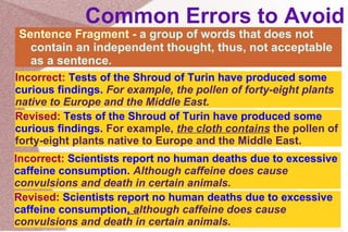 Common Errors to Avoid ,[object Object],Incorrect:  Tests of the Shroud of Turin have produced some curious findings.  For example, the pollen of forty-eight plants native to Europe and the Middle East.  Revised:  Tests of the Shroud of Turin have produced some curious findings.  For example,  the cloth contains  the pollen of forty-eight plants native to Europe and the Middle East.  Incorrect:  Scientists report no human deaths due to excessive caffeine consumption.  Although caffeine does cause convulsions and death in certain animals. Revised:  Scientists report no human deaths due to excessive caffeine consumption ,  a lthough caffeine does cause convulsions and death in certain animals. 