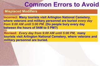 Common Errors to Avoid Misplaced Modifiers  Incorrect:  Many tourists visit Arlington National Cemetery, where veterans and military personnel are buried  every day from 9:00 AM until 5:00 PM.  (Do people bury every day between the hours of 9AM to 5 PM?) Revised:   Every day from 9:00 AM until 5:00 PM,   many tourists visit Arlington National Cemetery, where veterans and military personnel are buried. 