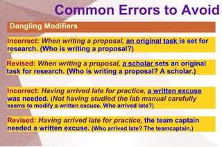 Common Errors to Avoid Dangling Modifiers  Revised:   When writing a proposal,   a scholar  sets an original task for research. (Who is writing a proposal? A scholar.) Incorrect:   When writing a proposal,   an original task  is set for research. (Who is writing a proposal?) Incorrect:  Having arrived late for practice,  a written excuse  was needed.   ( Not having studied the lab manual carefully  seems to modify a written excuse. Who arrived late?) Revised:   Having arrived late for practice,  the team captain  needed a written excuse.  (Who arrived late? The teamcaptain.)  