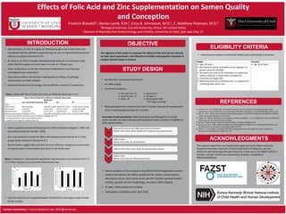 Effects of Folic Acid and Zinc Supplementation on Semen Quality
and Conception
Fredrick Blaisdell1, Denise Lamb, R.N.2, Erica B. Johnstone, M.D.2, C. Matthew Peterson, M.D.2
1Biological Sciences, Cornell University, Ithaca, NY, United States
2Division of Reproductive Endocrinology and Fertility, University of Utah, Salt Lake City, UT
Contact information: Fredrick Blaisdell Email: fbb27@cornell.edu
This research experience was funded and supported by the Native American
Research Internship, University of Utah Department of Pediatrics, and the
Obstetrics and Gynecology Research Network. Thank you to the FAZST staff for a
fantastic summer and for your mentorship, kindness, and patience.
#lifeintheFAZSTlane
ACKNOWLEDGMENTS
INTRODUCTION
The objective of this study is to evaluate the effects of folic acid and zinc directly
on male sperm parameters, and indirectly on fertility and pregnancy outcomes in
couples actively trying to conceive.
• Approximately 10-15% of couples of childbearing age in the United States are
considered infertile, defined as experiencing one year of unprotected intercourse
without conception (Evenson et al1).
• As many as 20-25% of couples attempting pregnancy are successful per cycle
while infertile couples are much lower at a rate of < 6% per cycle
• Many studies focus on female components of fertilization, but few have
investigated male components
• Many factors affect male fertility including sperm motility, morphology
concentration and DNA integrity
• Assisted Reproductive Technology may be effective, however it is expensive:
• Folate supplies essential methyl groups for DNA methylation (Wagner3, 1995) and
pyrimidine production (Brody4, 1999).
• Zinc is an essential co-factor for DNA maintaining enzymes (Hamdi et al 5) and
proper folate utilization (Tamura et al 6)
• Recent studies suggest folic acid and zinc as an effective, inexpensive intervention
to improve sperm concentration and count in sub-fertile men2
Figure 1. Wang et al 2 demonstrated significantly improved sperm concentrations from 7.5
to 12 million cells per mL in sub-fertile Netherlandish men.
• The Folic Acid and Zinc Supplementation Trial (FAZST) is the largest study of male
fertility to date
REFERENCES
1) Evenson, DP. et al. (2002). Sperm chromatin structure assay: it's clinical use for detecting sperm DNA
fragmentation in male infertility and comparisons with other techniques. Journal of Andrology, 23(1), 25-43.
2) Wu, AK., et al. (2014). Out-of-pocket fertility patient expense: Data from a multicenter prospective infertility
cohort. Journal of Andrology, 191, 427-432.
3) Wagner, C. (1995). Biochemical role of folate in cellular metabolism. . In L. B. Bailey (Ed.), Folate in Health and
Disease (pp. 23-42). New York: Marcel Dekker
4) Brody, T. (1999). Folate in Nutritional Biochemistry. San Diego: Academic Press
5) Hamdi, SA., et al. (1997). Effect of marginal or severe dietary zinc deficiency on testicular development and
functions of the rat. Archives of Andrology, 38(3), 243-253.
6) Tamura, T., et al. (1987). Increased methionine synthase activity in zinc-deficient rat liver. Archives of
Biochemistry and Biophysics, 256(1), 311-316.
Overview of visit procedures: Male participants are followed for 6 months
where samples are taken and questionnaires given every 2 months in addition to
daily questionnaires.
• Semen samples will be analyzed using World Health Organization semen
analysis procedures 5th edition guidelines for volume, concentration,
total sperm count, total motile count, percent motility, percent forward
motility, percent normal morphology, and sperm DNA integrity
• To date, 1600 couples are enrolled
• Anticipated completion date: April 2018
STUDY DESIGN
BL
•Male and Female in clinic, Male randomized to treatment
•Blood, Urine, Saliva, Semen analysis (SA), Pregnancy test, questionnaires
V2
•Male in clinic,
•Blood, urine, saliva, SA, questionnaires
V3
•Male in clinic, Blood, urine, saliva, SA, questionnaires, toenails
V4
•Male in clinic
•Blood, urine, saliva, SA, safety questionnaire
OBJECTIVE
Mean $ Out of Pocket Price (IQR) Over 18 Month Observation
Non-cycle Based Treatment
Medication
Only IUI IVF
Costs:
Office based∗ 381 (191–864) 616 (343–2,276) 1,683 (735–3,474) 13,502 (3,675–20,318)
Medication† 12 (0–64) 94 (25–242) 141 (45–1,021) 2,136 (329–4939)
Miscellaneous‡ 73 (0–247) 55 (21–315) 263 (60–624) 412 (55–1,290)
Overall couple expense 595 (306–1,573) 912 (394–3,124) 2623 (1,373–5,107) 19,234 (7,134–29,308)
∗ Includes copayments, laboratory tests, procedures, radiology fees, etc.
† Including ovulation induction for female partner.
‡ Including travel expenses, parking, food, etc.
• Double blind, randomized clinical trial
• N= 2400 couples
• Enrollment Locations:
• Male participants are randomized to take 5 mg folic acid and 30 mg elemental
zinc or matching placebo daily for 6 months
 Salt Lake City, UT
 South Jordan, UT
 Orem, UT
 Iowa City, IA
 Chicago, IL
 Minneapolis, MN*
*No longer enrolling
ELIGIBILITY CRITERIA
Males Females
 Age ≥18 years
 No history of poorly controlled chronic diseases, or
genetic cause of infertility
 No history of, anemia, B12 deficiency or vasectomy
without reversal, or obstructive azoospermia
 Consume non-vegan diet
 Abstaining from use of testosterone, or supplements
containing folic acid or zinc
 Age 18-45 years
• Heterosexual couples in committed relationships attempting to conceive:
Table 1. Patient ART Out of Pocket Costs from an 18 Month Study (Wu et al 2).
 