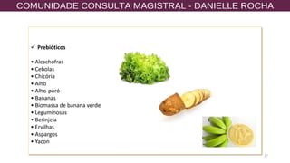 27
✓ Prebióticos
• Alcachofras
• Cebolas
• Chicória
• Alho
• Alho-poró
• Bananas
• Biomassa de banana verde
• Leguminosas
• Berinjela
• Ervilhas
• Aspargos
• Yacon
 
