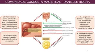 4
3) A lipogênese
de novo é o processo no
qual os hepatócitos
convertem ↑ de
carboidratos -
especialmente a
frutose, em ác. graxos
4) A remoção de lipídios
é mediada pela β-
oxidação de ácidos
graxos mitocondriais e
pela reesterificação para
formarTGs
2) A lipólise do tecido
adiposo é regulada
pelas ações da insulina
nos adipócitos
1) Os lipídios da dieta
(15%), a lipólise do
tecido adiposo (60–
80%) e a lipogênese de
novo (5%) contribuem
para o pool de lipídios
armazenados no fígado
 