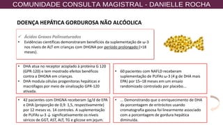 44
✓ Ácidos Graxos Polinsaturados
• Evidências científicas demonstraram benefícios da suplementação de ω-3
nos níveis de ALT em crianças com DHGNA por período prolongado (>18
meses).
• DHA atua no receptor acoplado à proteína G 120
(GPR-120) e tem mostrado efeitos benéficos
contra a DHGNA em crianças.
• DHA modula células progenitoras hepáticas e
macrófagos por meio de sinalização GPR-120
ativada.
• 60 pacientes com NAFLD receberam
suplementação de PUFAs ω-3 (4 g de DHA mais
EPA) por 15–18 meses em um ensaio
randomizado controlado por placebo...
• 42 pacientes com DHGNA receberam 1g/d de EPA
e DHA (proporção de 0,9: 1,5, respectivamente)
por 12 meses vs. 14 controles. A suplementação
de PUFAs ω-3 ↓ significativamente os níveis
séricos de GGT, AST, ALT, TG e glicose em jejum.
• ... Demonstrando que o enriquecimento de DHA
da porcentagem de eritrócitos usando
cromatografia gasosa foi linearmente associado
com a porcentagem de gordura hepática
diminuída.
DOENÇA HEPÁTICA GORDUROSA NÃO ALCÓOLICA
 
