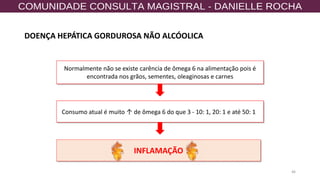 46
Normalmente não se existe carência de ômega 6 na alimentação pois é
encontrada nos grãos, sementes, oleaginosas e carnes
Consumo atual é muito ↑ de ômega 6 do que 3 - 10: 1, 20: 1 e até 50: 13
INFLAMAÇÃO
DOENÇA HEPÁTICA GORDUROSA NÃO ALCÓOLICA
 