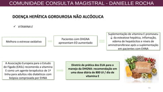 61
Melhora o estresse oxidativo
Pacientes com DHGNA
apresentam EO aumentado
Suplementação de vitamina E promoveu
↓ da esteatose hepática, inflamação,
edema de hepatócitos e níveis de
aminotransferase após a suplementação
em pacientes com EHNA
Diretriz de prática dos EUA para o
manejo da DHGNA: recomendação em
uma dose diária de 800 UI / dia de
vitamina E
A Associação Europeia para o Estudo
do Fígado (EASL) recomenda a vitamina
E como um agente terapêutico de 1ª
linha para adultos não diabéticos com
biópsia comprovada por EHNA
✓ VITAMINA E
DOENÇA HEPÁTICA GORDUROSA NÃO ALCÓOLICA
 