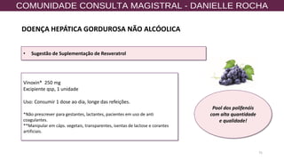 75
• Sugestão de Suplementação de Resveratrol
Vinoxin® 250 mg
Excipiente qsp, 1 unidade
Uso: Consumir 1 dose ao dia, longe das refeições.
*Não prescrever para gestantes, lactantes, pacientes em uso de anti
coagulantes.
**Manipular em cáps. vegetais, transparentes, isentas de lactose e corantes
artificiais.
Pool dos polifenóis
com alta quantidade
e qualidade!
DOENÇA HEPÁTICA GORDUROSA NÃO ALCÓOLICA
 