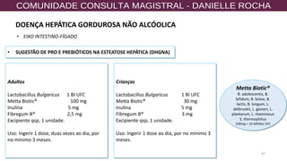 87
• SUGESTÃO DE PRO E PREBIÓTICOS NA ESTEATOSE HEPÁTICA (DHGNA)
Adultos
Lactobacillus Bulgaricus 1 BI UFC
Metta Biotic® 100 mg
Inulina 5 mg
Fibregum B® 2,5 mg
Excipiente qsp, 1 unidade.
Uso: Ingerir 1 dose, duas vezes ao dia, por
no mínimo 3 meses.
Crianças
Lactobacillus Bulgaricus 1 BI UFC
Metta Biotic® 30 mg
Inulina 5 mg
Fibregum B® 3 mg
Excipiente qsp, 1 unidade.
Uso: Ingerir 1 dose ao dia, por no mínimo 3
meses.
• EIXO INTESTINO-FÍGADO
Metta Biotic®
B. adolescentis, B.
bifidum, B. breve, B.
lactis, B. longum, L.
delbruekii, L. gasseri, L.
plantarum, L. rhamnosus
S. thermophilus
100mg = 10 bilhões UFC
DOENÇA HEPÁTICA GORDUROSA NÃO ALCÓOLICA
 