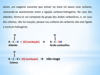 Exemplos:
O
║
H3C – C – CH3
O
║
H3C – C – H
+ H2O
NOH
║
H3C – C – H
Etanal
Propanona
Água
+ NH2OH
hidroxilamina oxima do etanal
+ NH2OH
NOH
║
H3C – C – CH3
Águaoxima da propanona
+ H2O
hidroxilamina
 