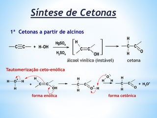 Na reacção de oxidação dos aldeídos, forma-se um composto
denominado ácidos carboxílicos e no caso das cetonas, não há reacção,
porque seu carbono da carbonila não está ligado a nenhum hidrogénio.
O
║
R1 C H
[O]
O
║
R1 C OH
Ácido carboxílicoAldeído
Cetona
não reage
O
║
R1 C R2
(oxidação)
 