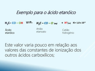 Exemplo para o ácido etanóico:
Este valor varia pouco em relação aos
valores das constantes de ionização dos
outros ácidos carboxílicos;
H3C– CO – OH H3C – CO – O- (aq) + H+(aq) Ki= 1,8 x 10-5
Ácido
etanóico
Anião
etanoato
Catião
hidrogénio
 