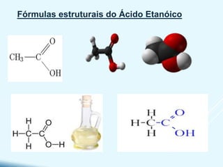 Fórmulas estruturais do Ácido Etanóico.
 