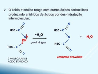  O ácido etanóico reage com outros ácidos carboxílicos
produzindo anidridos de ácidos por des-hidratação
intermolecular:
O
H3C – C
OH
OH
H3C – C
O
-H2O
O
H3C – C
O
H3C – C
O
+ H2O
2 MOLÉCULAS DE
ÁCIDO ETANÓICO
ANIDRIDO ETANÓICO
perdade água
 