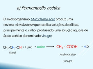 a) Fermentação acética
O microorganismo Mycoderma aceti produz uma
enzima alcooloxidase que catalisa soluções alcoólicas,
principalmente o vinho, produzindo uma solução aquosa de
ácido acético denominado vinagre.
+ H2OCH3 - COOH+ enzima+ O2(ar)CH3-CH2-OH
( vinagre )
Ácido etanóico
Etanol
 