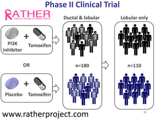 + 
PI3K inhibitor 
Tamoxifen 
Placebo 
Tamoxifen 
+ 
OR 
Ductal & lobular 
Lobular only 
Phase II Clinical Trial 
n=180 
n=110 
www.ratherproject.com 
11  