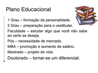 Plano Educacional
1 Grau – formação da personalidade.
2 Grau – preparação para o vestibular.
Faculdade – estudar algo que você não sabe
ao certo se deseja.
Pós – necessidade de mercado.
MBA – promoção e aumento de salário.
Mestrado – projeto de vida.
Doutorado – tornar-se um diferencial.
 