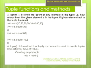 Tuple functions and methods
5. count() : it return the count of any element in the tuple i.e. how
many times the given ele...