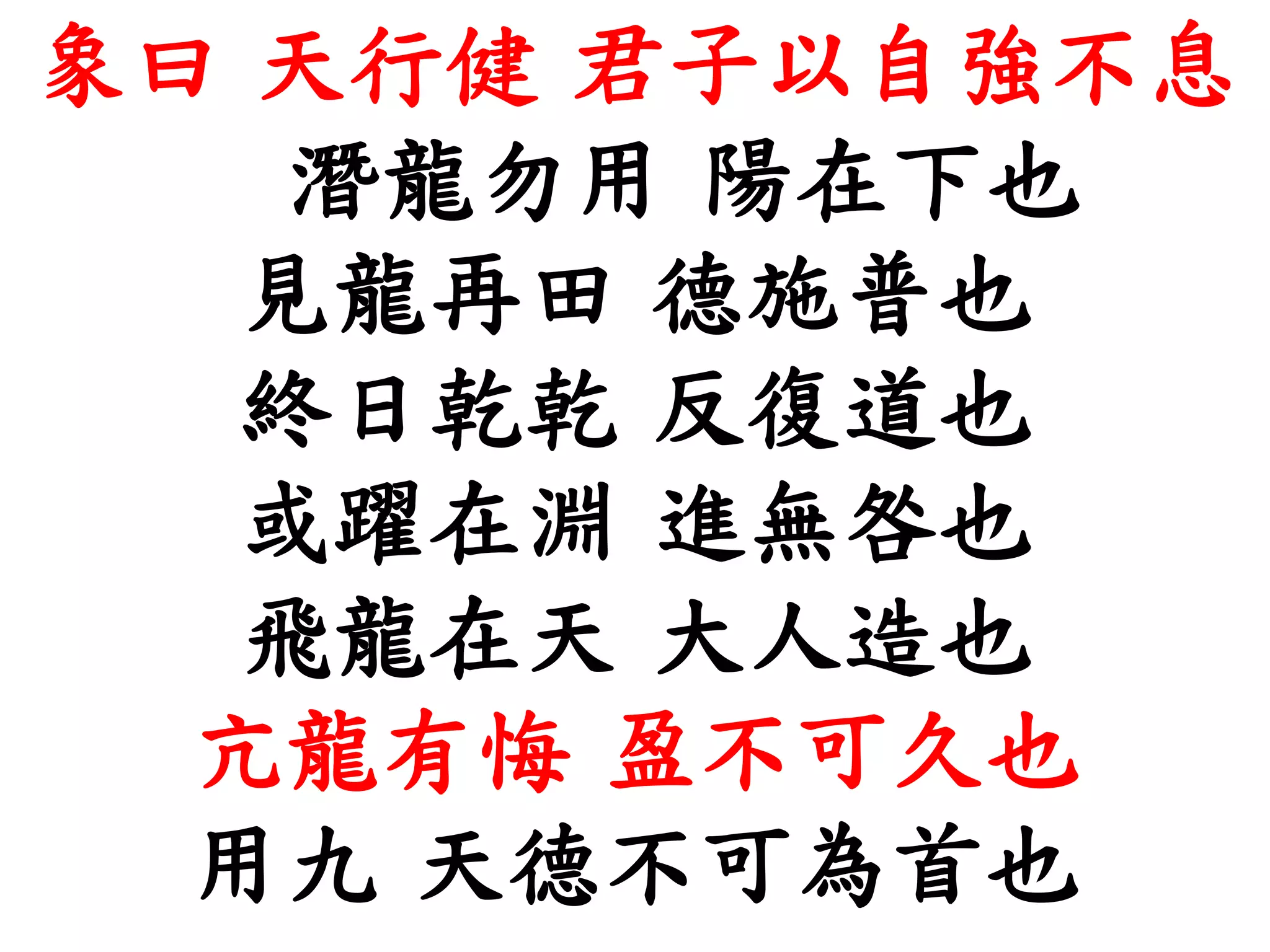象曰 天行健 君子以自強不息
潛龍勿用 陽在下也
見龍再田 德施普也
終日乾乾 反復道也
或躍在淵 進無咎也
飛龍在天 大人造也
亢龍有悔 盈不可久也
用九 天德不可為首也
 