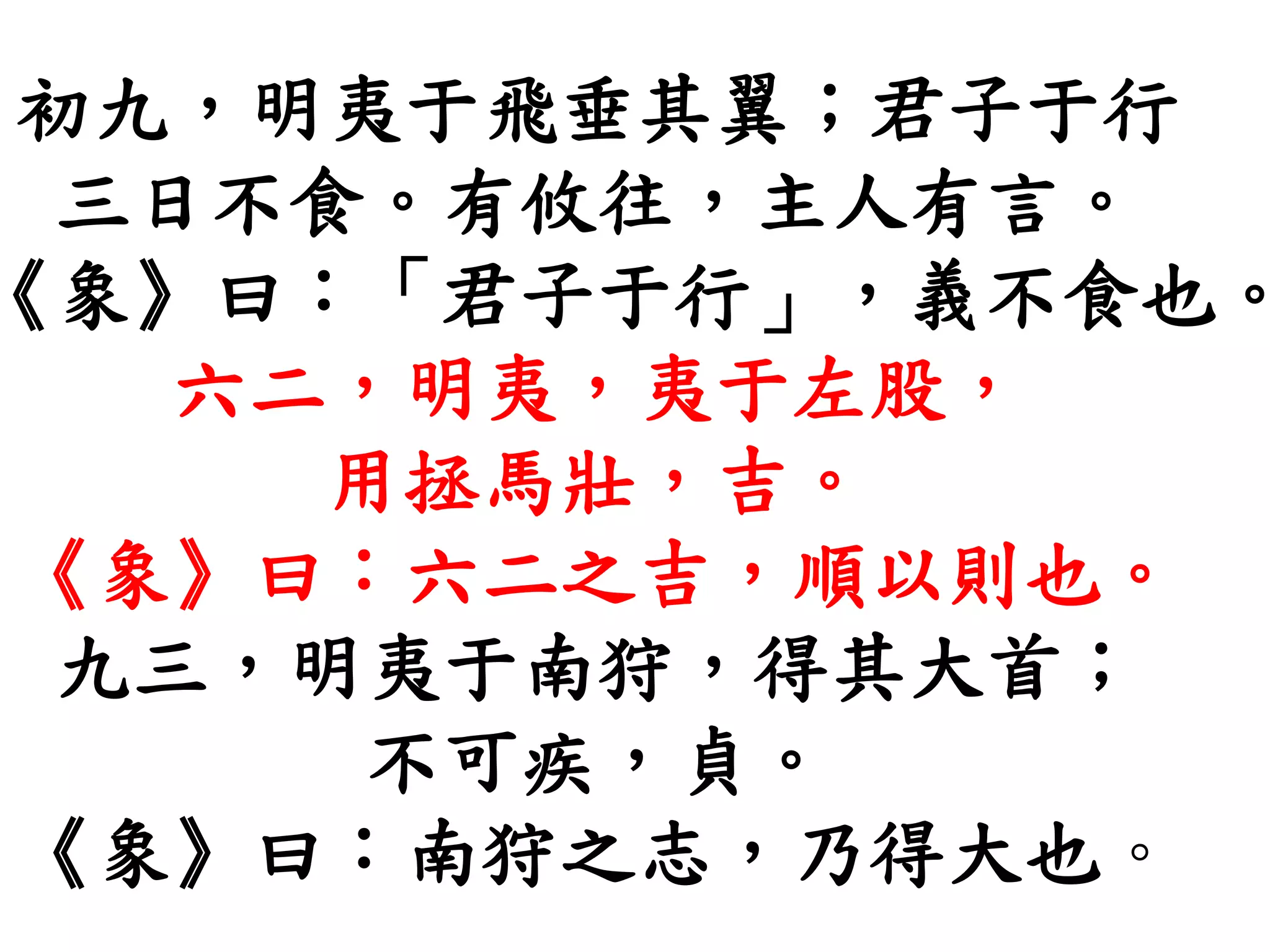 初九，明夷于飛垂其翼；君子于行
三日不食。有攸往，主人有言。
《象》曰：「君子于行」，義不食也。
六二，明夷，夷于左股，
用拯馬壯，吉。
《象》曰：六二之吉，順以則也。
九三，明夷于南狩，得其大首；
不可疾，貞。
《象》曰：南狩之志，乃得大也。
 