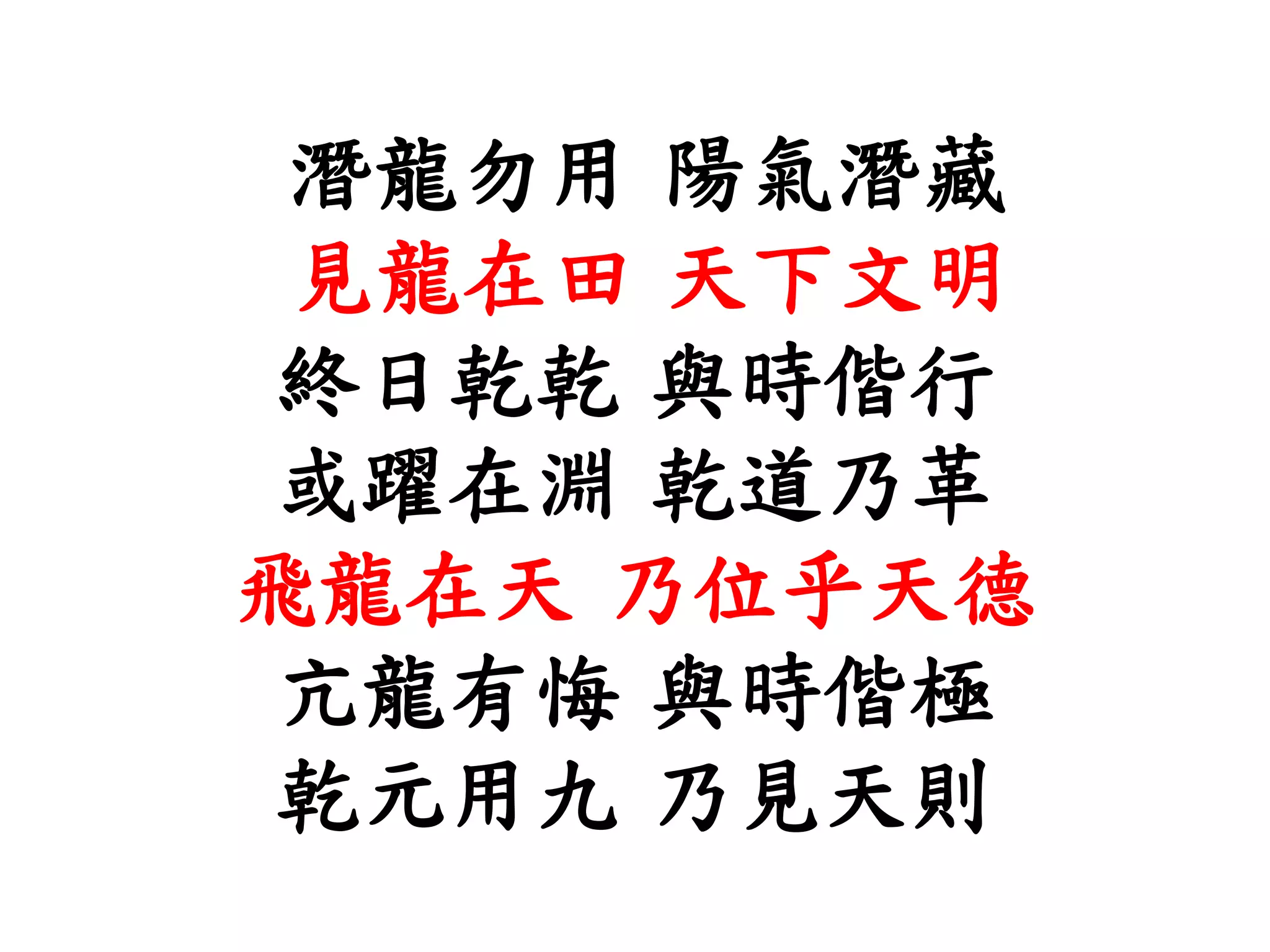 潛龍勿用 陽氣潛藏
見龍在田 天下文明
終日乾乾 與時偕行
或躍在淵 乾道乃革
飛龍在天 乃位乎天德
亢龍有悔 與時偕極
乾元用九 乃見天則
 