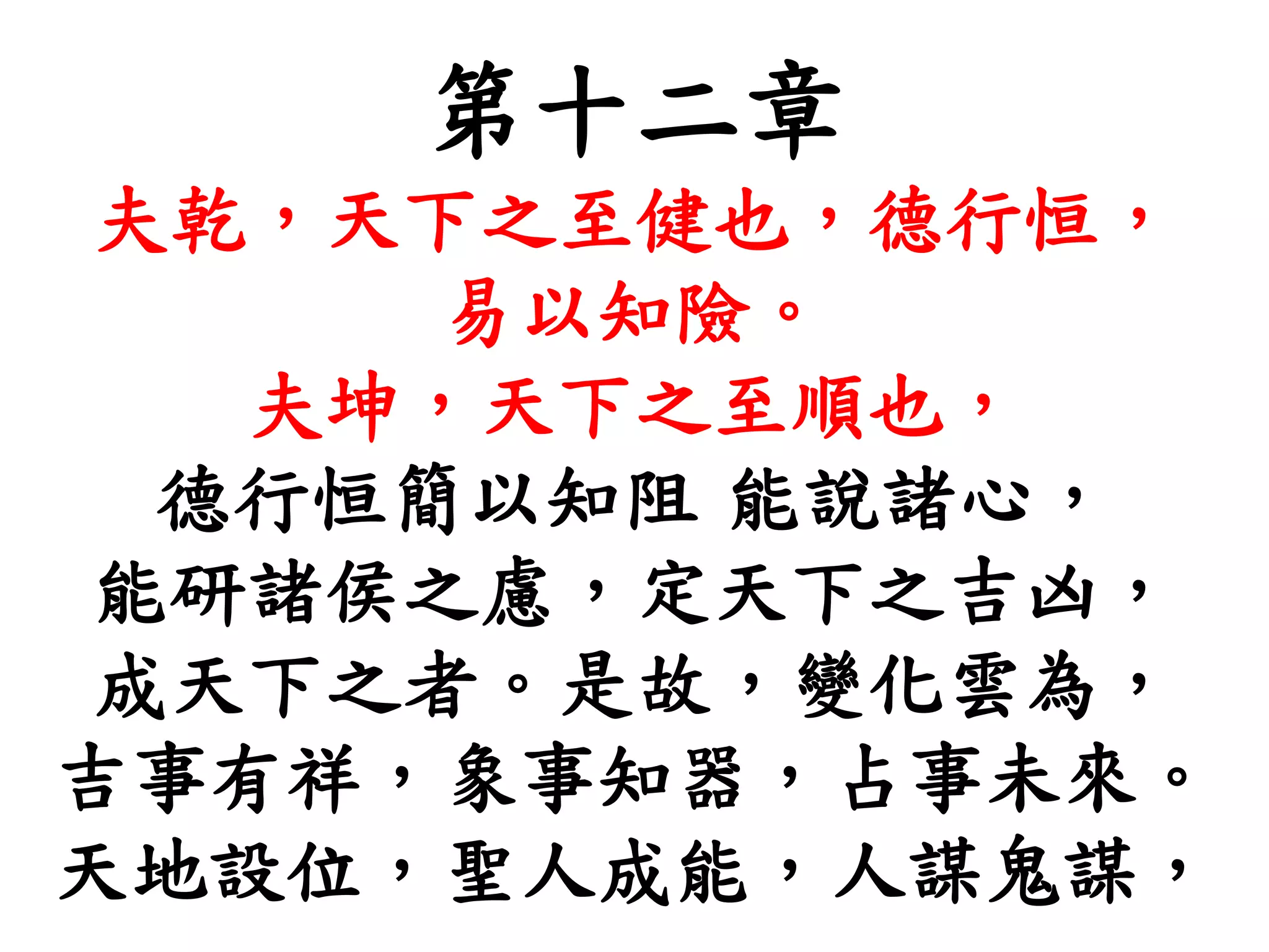 第十二章
夫乾，天下之至健也，德行恒，
易以知險。
夫坤，天下之至順也，
德行恒簡以知阻 能說諸心，
能研諸侯之慮，定天下之吉凶，
成天下之者。是故，變化雲為，
吉事有祥，象事知器，占事未來。
天地設位，聖人成能，人謀鬼謀，
 