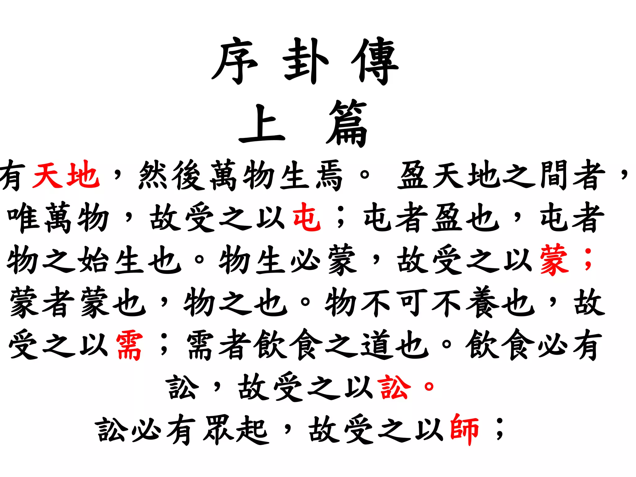 序 卦 傳
上 篇
有天地，然後萬物生焉。 盈天地之間者，
唯萬物，故受之以屯；屯者盈也，屯者
物之始生也。物生必蒙，故受之以蒙；
蒙者蒙也，物之也。物不可不養也，故
受之以需；需者飲食之道也。飲食必有
訟，故受之以訟。
訟必有眾起，故受之以師；
 
