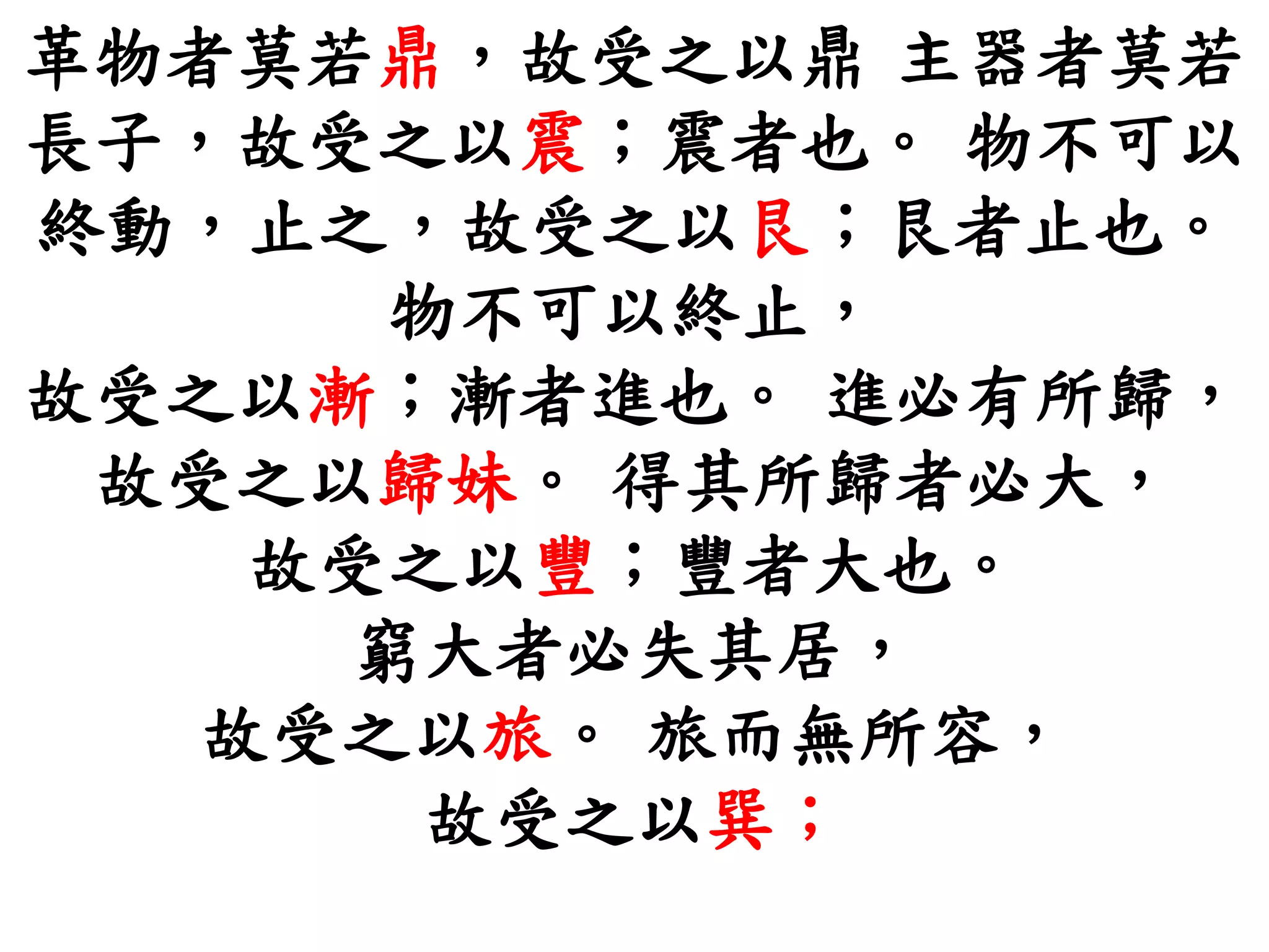 革物者莫若鼎，故受之以鼎 主器者莫若
長子，故受之以震；震者也。 物不可以
終動，止之，故受之以艮；艮者止也。
物不可以終止，
故受之以漸；漸者進也。 進必有所歸，
故受之以歸妹。 得其所歸者必大，
故受之以豐；豐者大也。
窮大者必失其居，
故受之以旅。 旅而無所容，
故受之以巽；
 