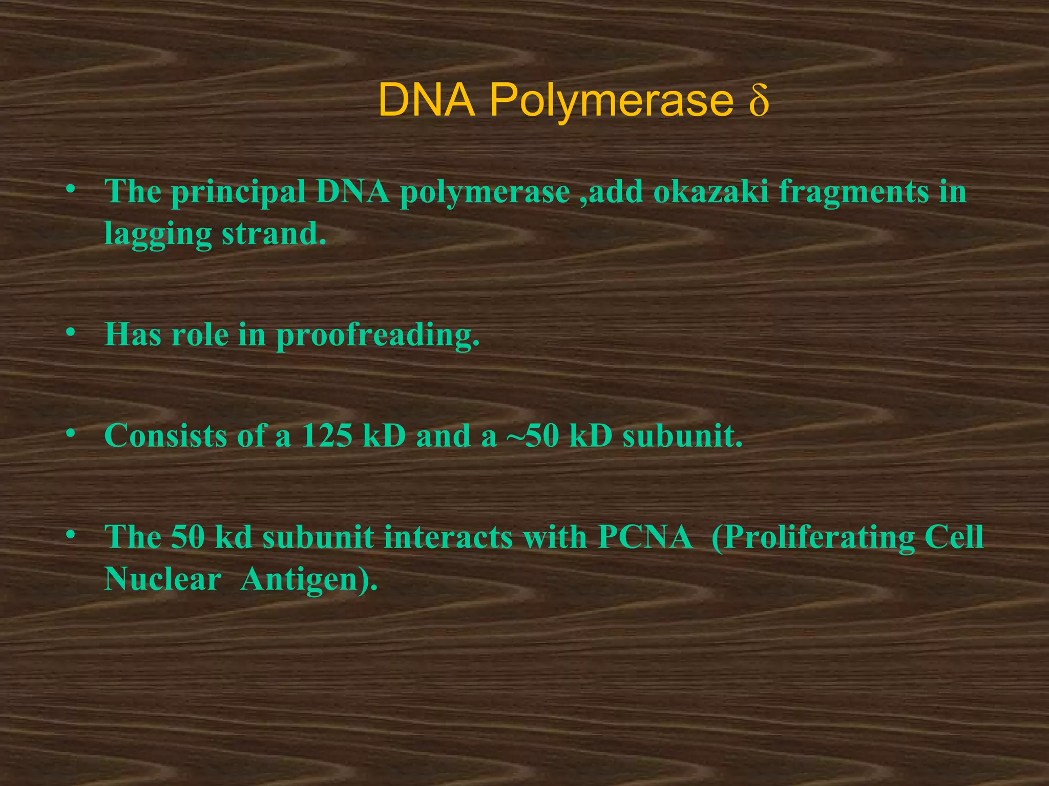 DNA Polymerase δ
• The principal DNA polymerase ,add okazaki fragments in
lagging strand.
• Has role in proofreading.
• Consists of a 125 kD and a ~50 kD subunit.
• The 50 kd subunit interacts with PCNA (Proliferating Cell
Nuclear Antigen).
 