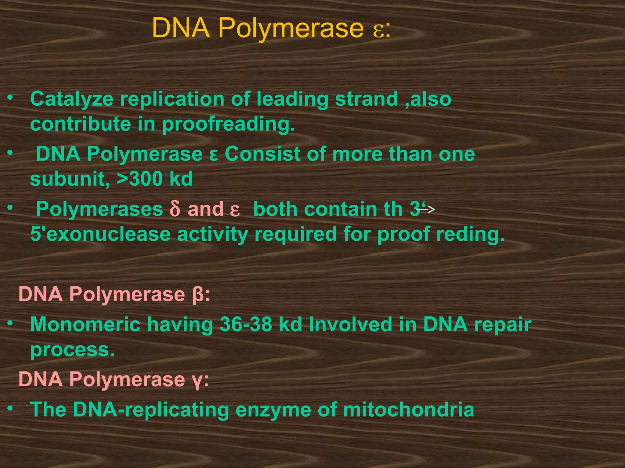 DNA Polymerase ε:
• Catalyze replication of leading strand ,also
contribute in proofreading.
• DNA Polymerase ε Consist of more than one
subunit, >300 kd
• Polymerases δ and ε both contain th 3‘
5'exonuclease activity required for proof reding.
DNA Polymerase β:
• Monomeric having 36-38 kd Involved in DNA repair
process.
DNA Polymerase γ:
• The DNA-replicating enzyme of mitochondria
 