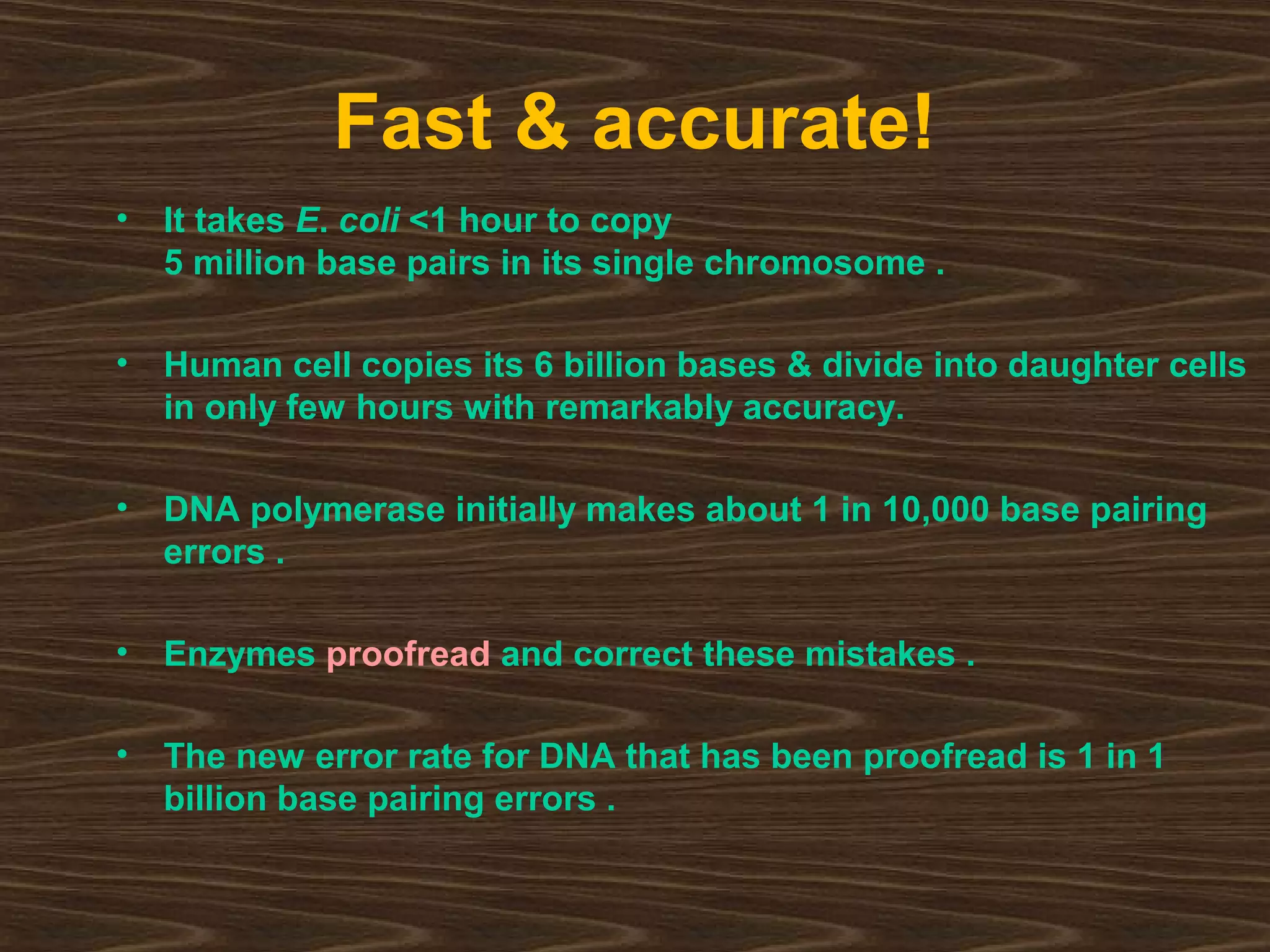 Fast & accurate!
• It takes E. coli <1 hour to copy
5 million base pairs in its single chromosome .
• Human cell copies its 6 billion bases & divide into daughter cells
in only few hours with remarkably accuracy.
• DNA polymerase initially makes about 1 in 10,000 base pairing
errors .
• Enzymes proofread and correct these mistakes .
• The new error rate for DNA that has been proofread is 1 in 1
billion base pairing errors .
 