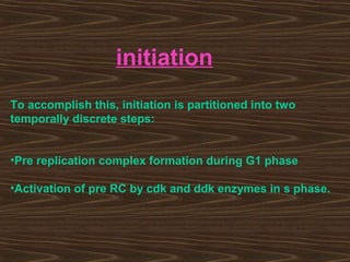 initiation
To accomplish this, initiation is partitioned into two
temporally discrete steps:
•Pre replication complex formation during G1 phase
•Activation of pre RC by cdk and ddk enzymes in s phase.
 