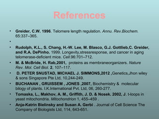 References
• Greider, C.W. 1996. Telomere length regulation. Annu. Rev.Biochem.
65:337–365.
•
• Rudolph, K.L., S. Chang, H.-W. Lee, M. Blasco, G.J. Gottlieb,C. Greider,
and R.A. DePinho. 1999. Longevity,stressresponse, and cancer in aging
telomerase-deficient mice. Cell.96:701–712.
• M. & McBride, H. Rab,2001, proteins as membraneorganizers. Nature
Rev. Mol. Cell Biol. 2, 107–117.
• D. PETER SNUSTAD, MICHAEL J. SIMMONS,2012 ,Genetics,Jhon wiley
& sons Singapore Pte Ltd, 10,244-249.
• BUCHANAN , GRUISSEM , JONES ,2007, Biochemistry & molecular
bilogy of plants. I.K.International Pvt. Ltd, 06, 260-277.
• Tomaska, L., Makhov, A. M., Griffith, J. D. & Nosek. 2002, J. t-loops in
yeast mitochondria. Mitochondrion 1, 455–459 .
• Anja-Katrin Bielinsky and Susan A. Gerbi . Journal of Cell Science The
Company of Biologists Ltd, 114, 643-651.
 