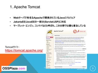 1. Apache Tomcat
• Webサーバで有名なApacheで開発されているJavaミドルウェア
• JakartaEE/JavaEEの一部分(Servlet/JSP)に対応
• サーブレット・エンジン、コンテナなどと呼ばれ、この分野では最も普及している
C O P Y R I G H T ( C ) 2 0 1 9 O S S P L A Z A . C O M A L L R I G H T
R E S E R V E D . 3OSSPlaza.com
Tomcatサイト：
https://tomcat.apache.org/
 