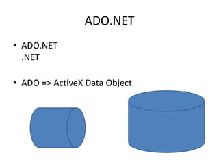 ADO.NET
• ADO.NET
.NET
• ADO => ActiveX Data Object

.NET

 