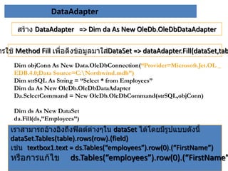DataAdapter
DataAdapter => Dim da As New OleDb.OleDbDataAdapter
Method Fill

DataSet => dataAdapter.Fill(dataSet,tab

Dim objConn As New Data.OleDbConnection(“Provider=Microsoft.Jet.OL _
EDB.4.0;Data Source=C:Northwind.mdb”)
Dim strSQL As String = “Select * from Employees”
Dim da As New OleDb.OleDbDataAdapter
Da.SelectCommand = New OleDb.OleDbCommand(strSQL,objConn)
Dim ds As New DataSet
da.Fill(ds,”Employees”)

dataSet
dataSet.Tables(table).rows(row).(field)
textbox1.text = ds.Tables(“employees”).row(0).(“FirstName”)

ds.Tables(“employees”).row(0).(“FirstName”

 