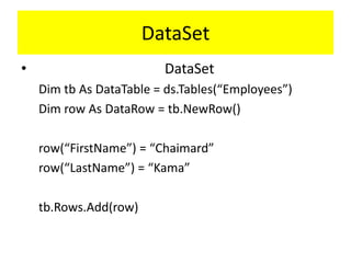 DataSet
•

DataSet
Dim tb As DataTable = ds.Tables(“Employees”)
Dim row As DataRow = tb.NewRow()
row(“FirstName”) = “Chaimard”
row(“LastName”) = “Kama”
tb.Rows.Add(row)

 