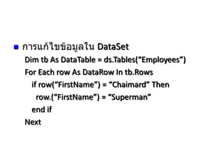 

DataSet
Dim tb As DataTable = ds.Tables(“Employees”)
For Each row As DataRow In tb.Rows
if row(“FirstName”) = “Chaimard” Then
row.(“FirstName”) = “Superman”
end if
Next

 
