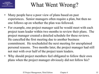 15
IT Project Management, Third Edition Chapter 4
What Went Wrong?
• Many people have a poor view of plans based on past
e...